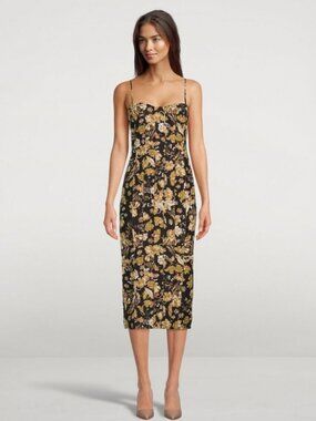 Shona Joy Palermo Fitted Midi Dress Black Multi / Size 6